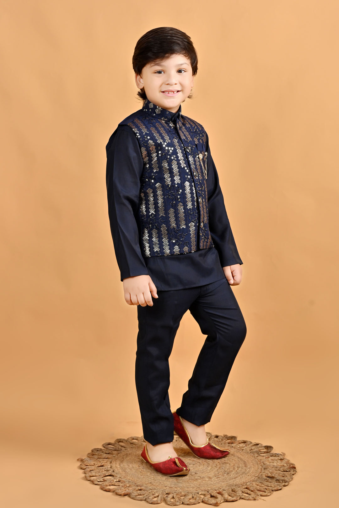 Boys Cotton Embroidered Sequined Kurta Pyjama Waistcoat Set - Navy Blue | SHOBITAM