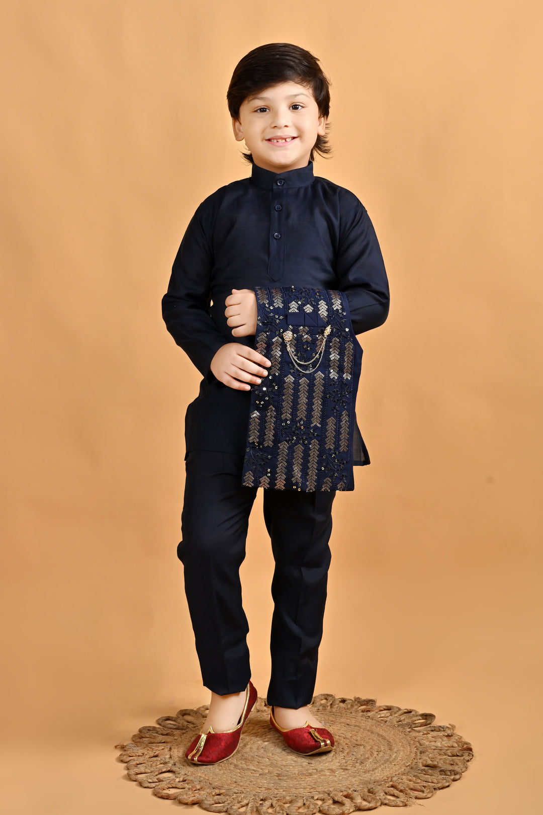 Boys Cotton Embroidered Sequined Kurta Pyjama Waistcoat Set - Navy Blue | SHOBITAM