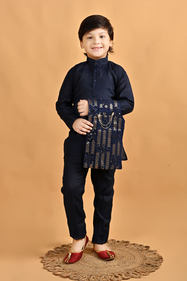 Boys Cotton Embroidered Sequined Kurta Pyjama Waistcoat Set - Navy Blue | SHOBITAM