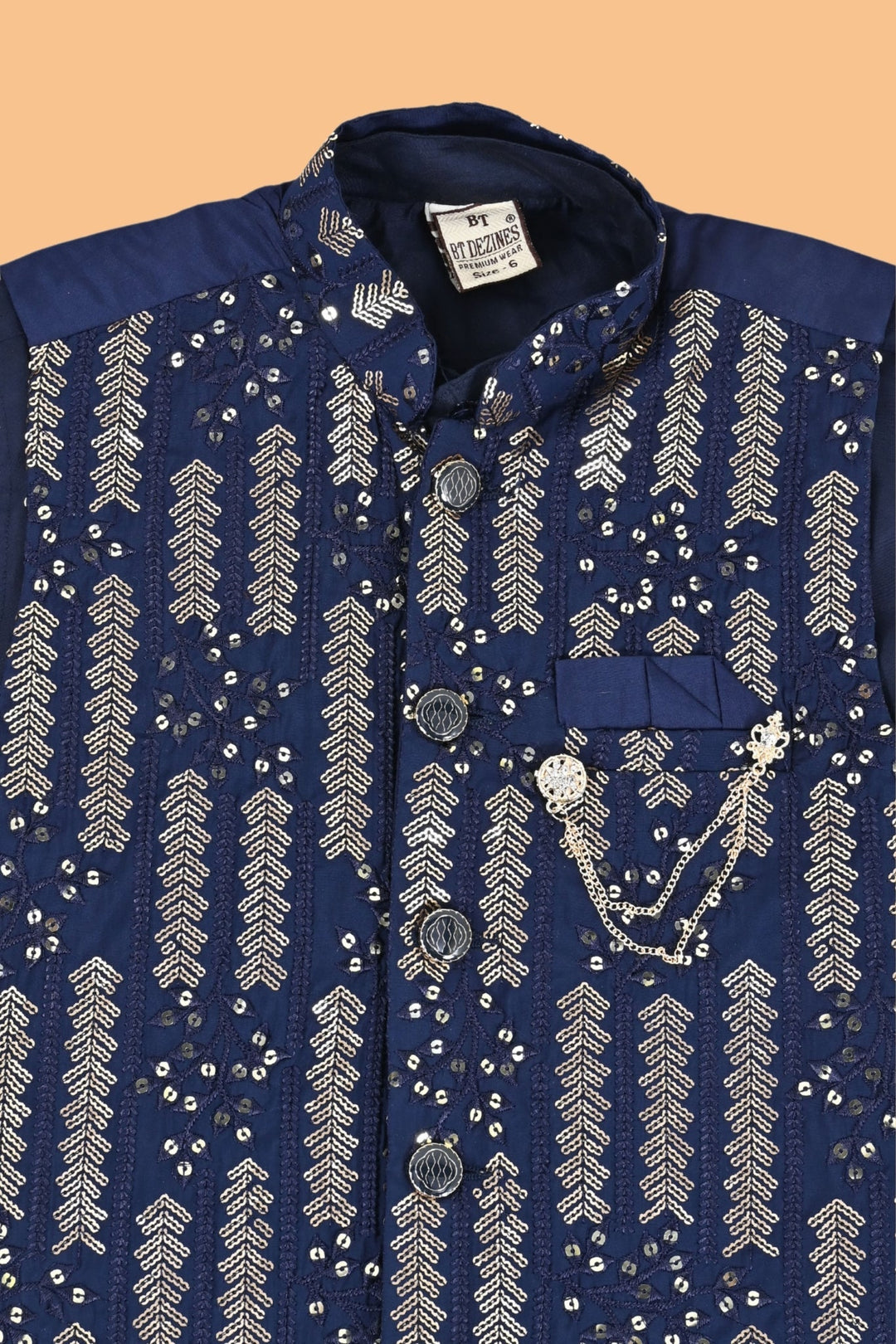 Boys Cotton Embroidered Sequined Kurta Pyjama Waistcoat Set - Navy Blue | SHOBITAM
