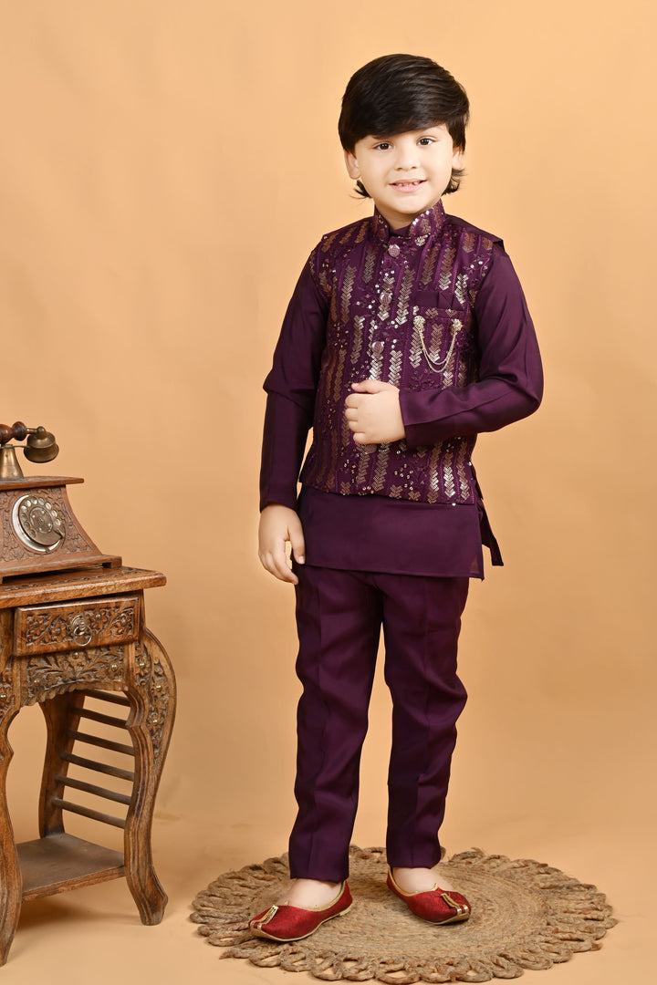 Boys Cotton Embroidered Sequined Kurta Pyjama Waistcoat Set - Burgundy | SHOBITAM
