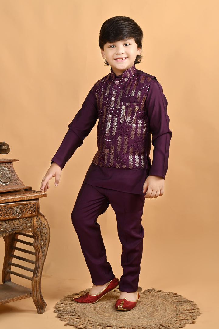 Boys Cotton Embroidered Sequined Kurta Pyjama Waistcoat Set - Burgundy | SHOBITAM