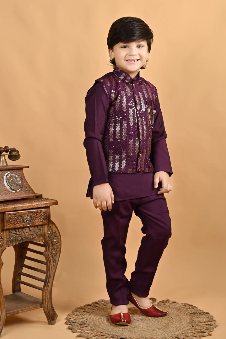 Boys Cotton Embroidered Sequined Kurta Pyjama Waistcoat Set - Burgundy | SHOBITAM