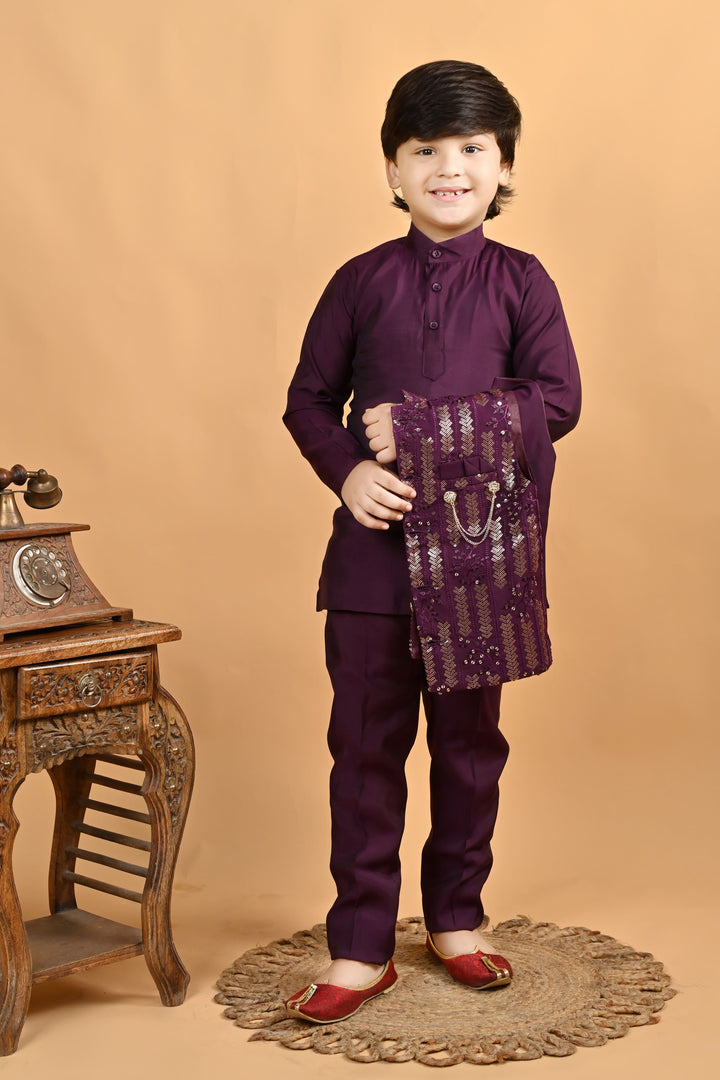 Boys Cotton Embroidered Sequined Kurta Pyjama Waistcoat Set - Burgundy | SHOBITAM