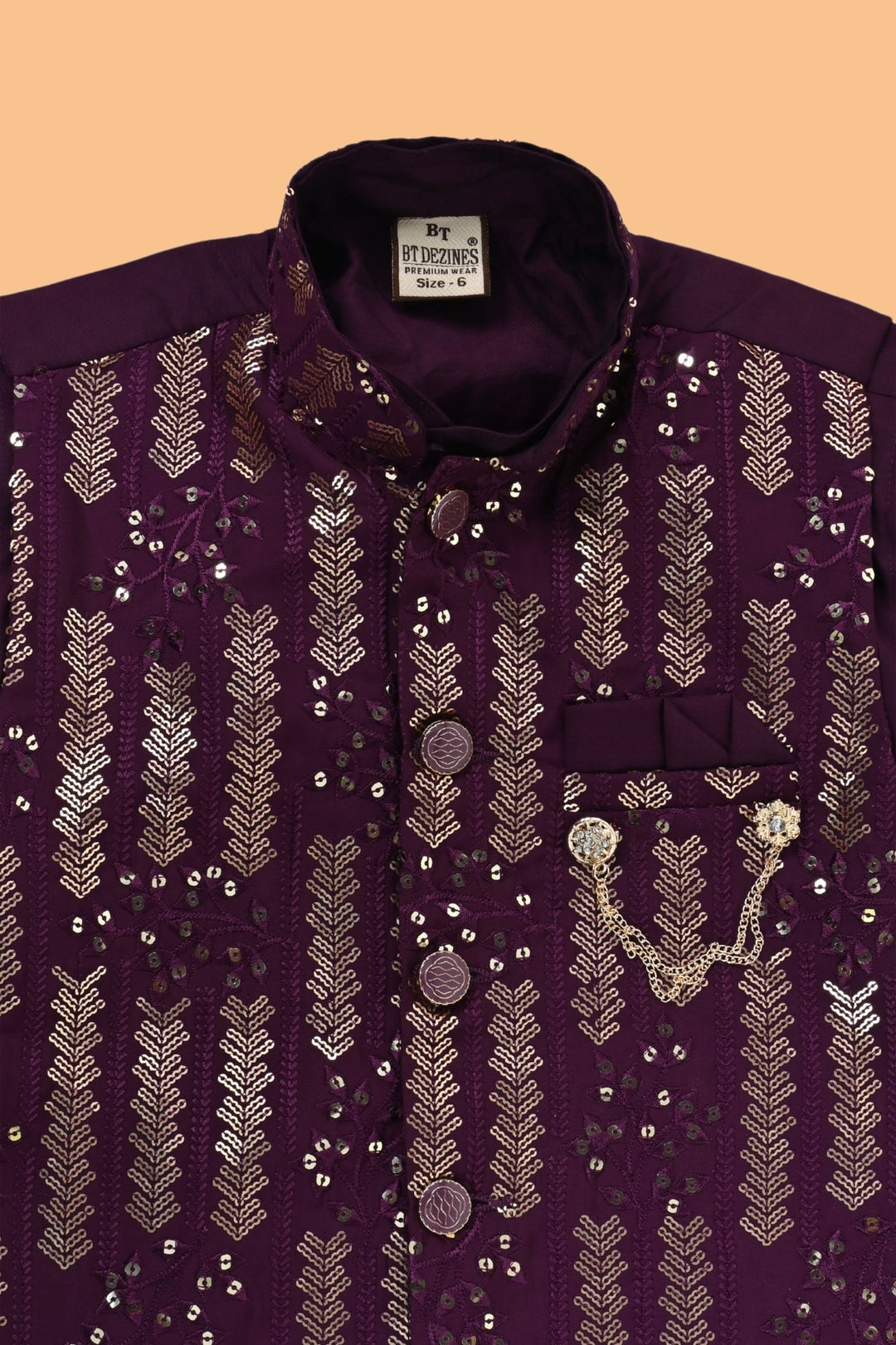 Boys Cotton Embroidered Sequined Kurta Pyjama Waistcoat Set - Burgundy | SHOBITAM