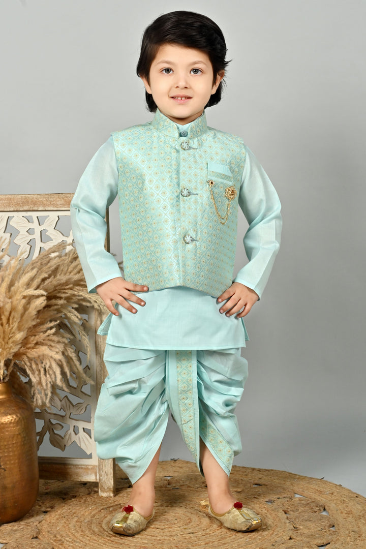Boys Cotton Kurta & Dhoti Set with Floral Jacquard Waistcoat - Aqua Blue | SHOBITAM