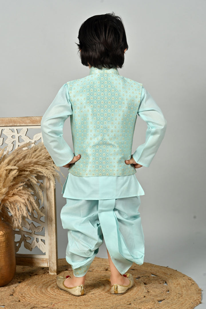 Boys Cotton Kurta & Dhoti Set with Floral Jacquard Waistcoat - Aqua Blue | SHOBITAM