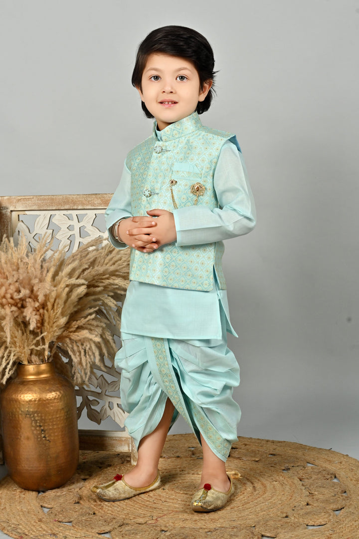 Boys Cotton Kurta & Dhoti Set with Floral Jacquard Waistcoat - Aqua Blue | SHOBITAM