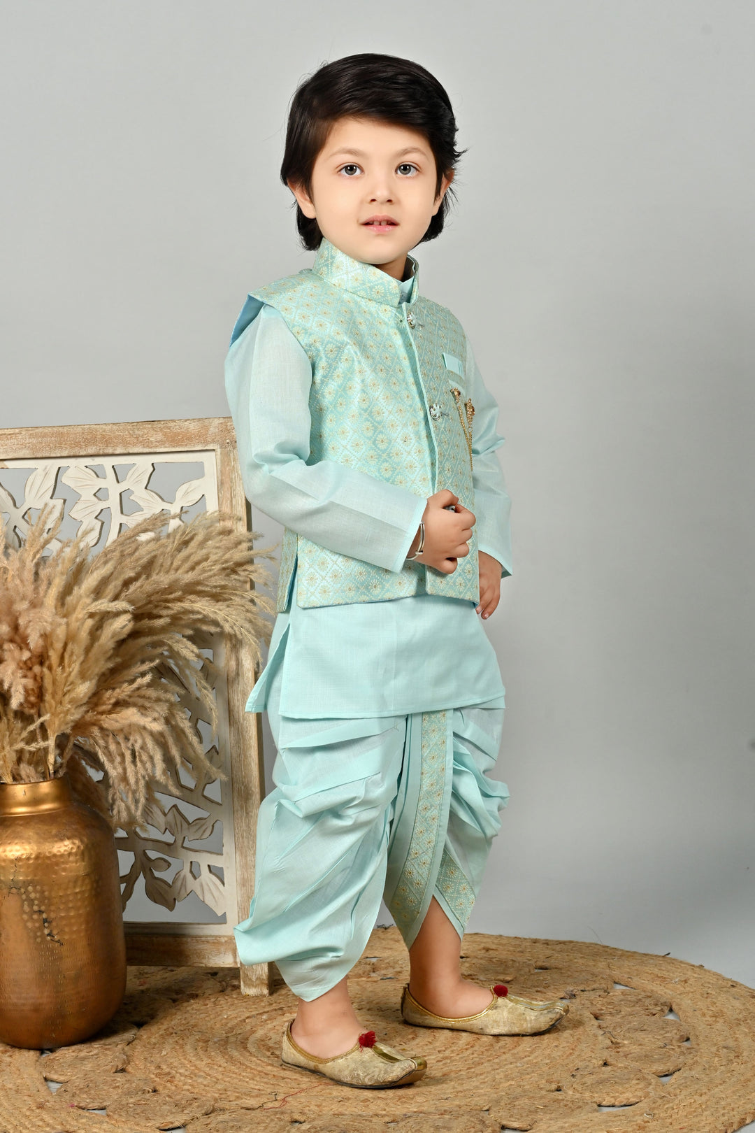 Boys Cotton Kurta & Dhoti Set with Floral Jacquard Waistcoat - Aqua Blue | SHOBITAM