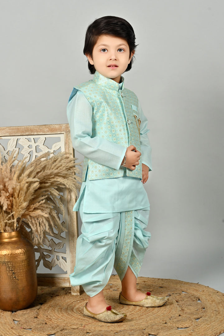 Boys Cotton Kurta & Dhoti Set with Floral Jacquard Waistcoat - Aqua Blue | SHOBITAM