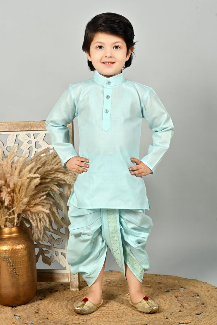 Boys Cotton Kurta & Dhoti Set with Floral Jacquard Waistcoat - Aqua Blue | SHOBITAM