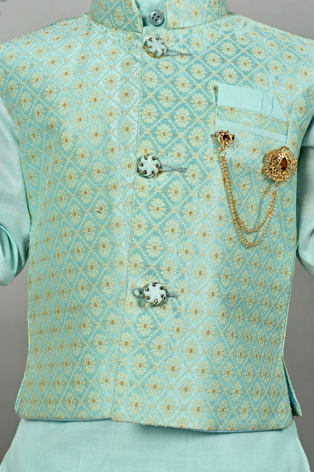 Boys Cotton Kurta & Dhoti Set with Floral Jacquard Waistcoat - Aqua Blue | SHOBITAM