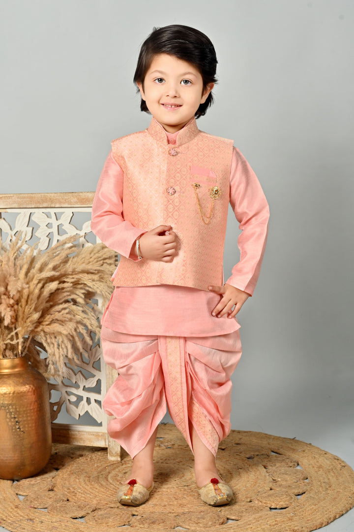 Boys Cotton Kurta & Dhoti Set with Floral Jacquard Waistcoat - Rose Pink | SHOBITAM