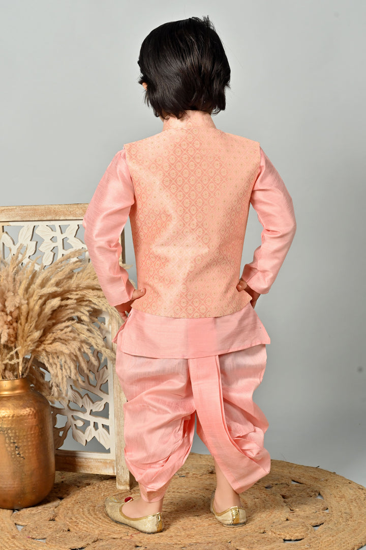 Boys Cotton Kurta & Dhoti Set with Floral Jacquard Waistcoat - Rose Pink | SHOBITAM