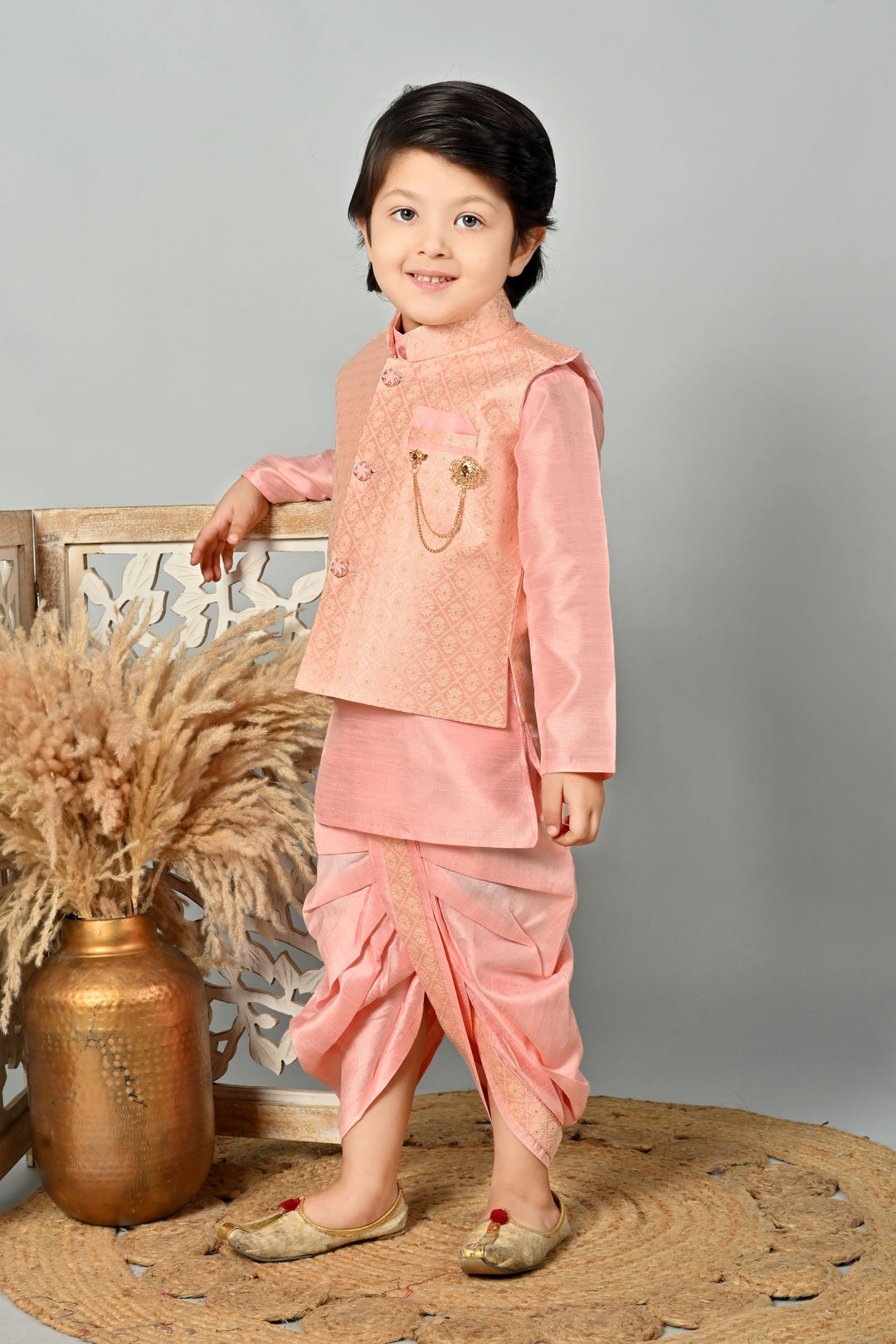 Boys Cotton Kurta & Dhoti Set with Floral Jacquard Waistcoat - Rose Pink | SHOBITAM