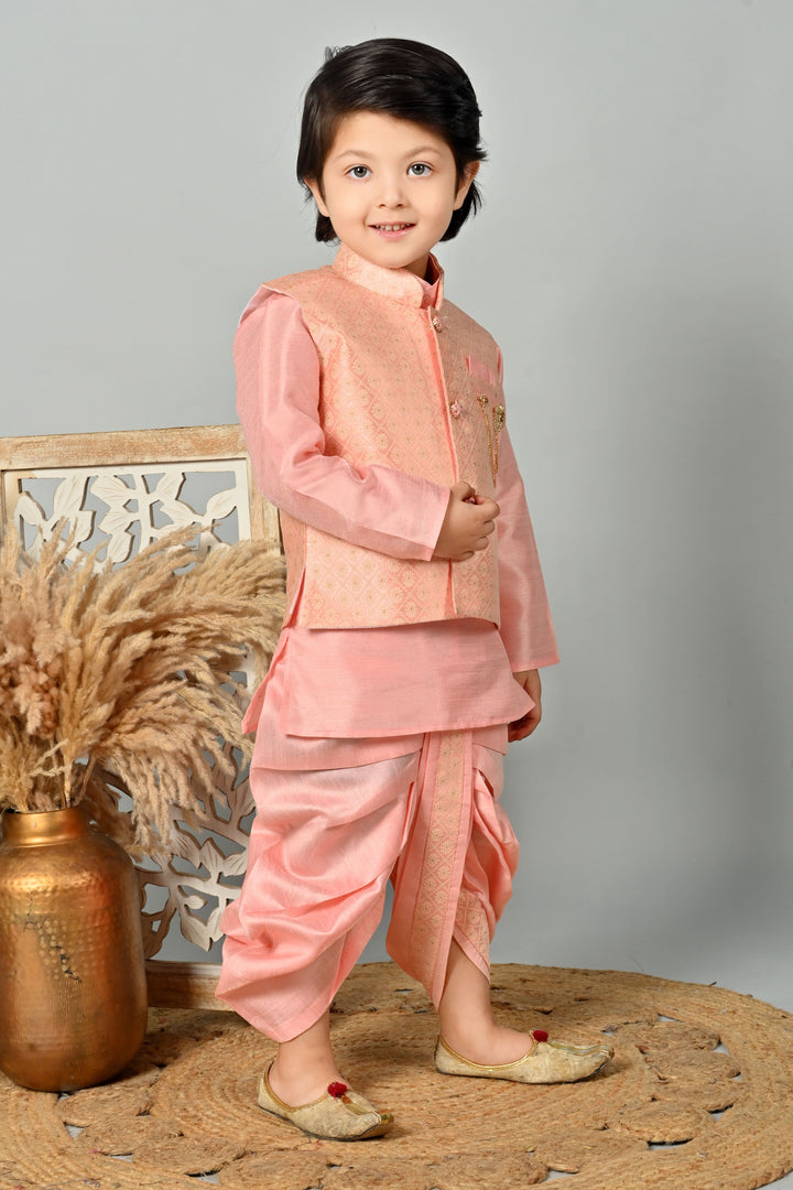Boys Cotton Kurta & Dhoti Set with Floral Jacquard Waistcoat - Rose Pink | SHOBITAM