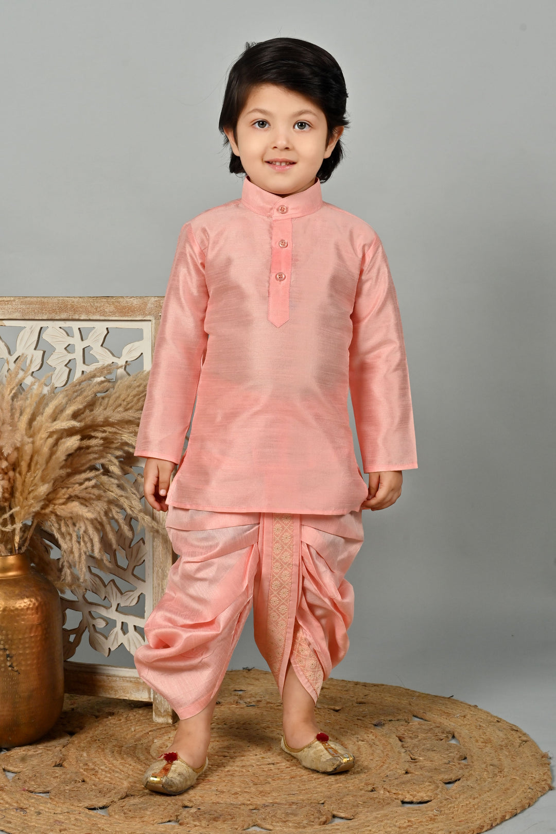 Boys Cotton Kurta & Dhoti Set with Floral Jacquard Waistcoat - Rose Pink | SHOBITAM