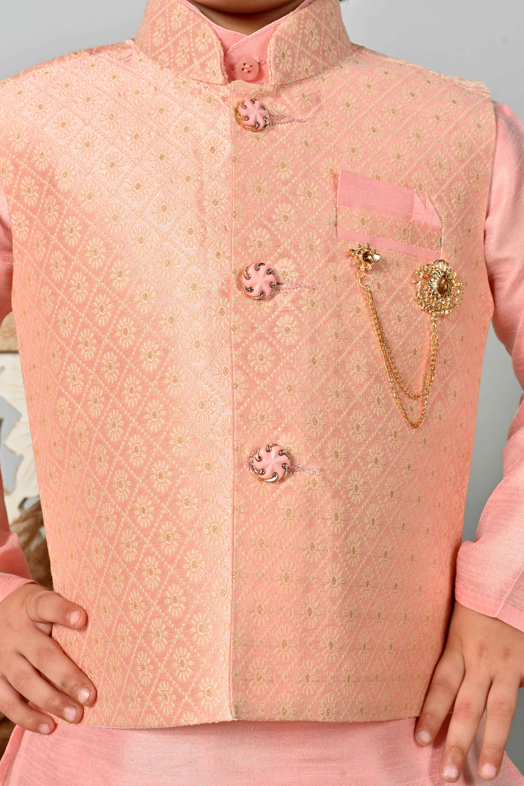Boys Cotton Kurta & Dhoti Set with Floral Jacquard Waistcoat - Rose Pink | SHOBITAM
