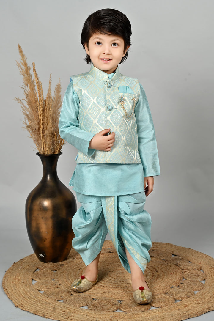 Boys Cotton Kurta & Dhoti Set with Jacquard Damask Waistcoat - Sky Blue | SHOBITAM