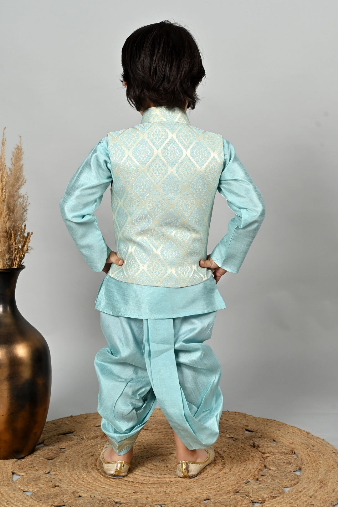 Boys Cotton Kurta & Dhoti Set with Jacquard Damask Waistcoat - Sky Blue | SHOBITAM