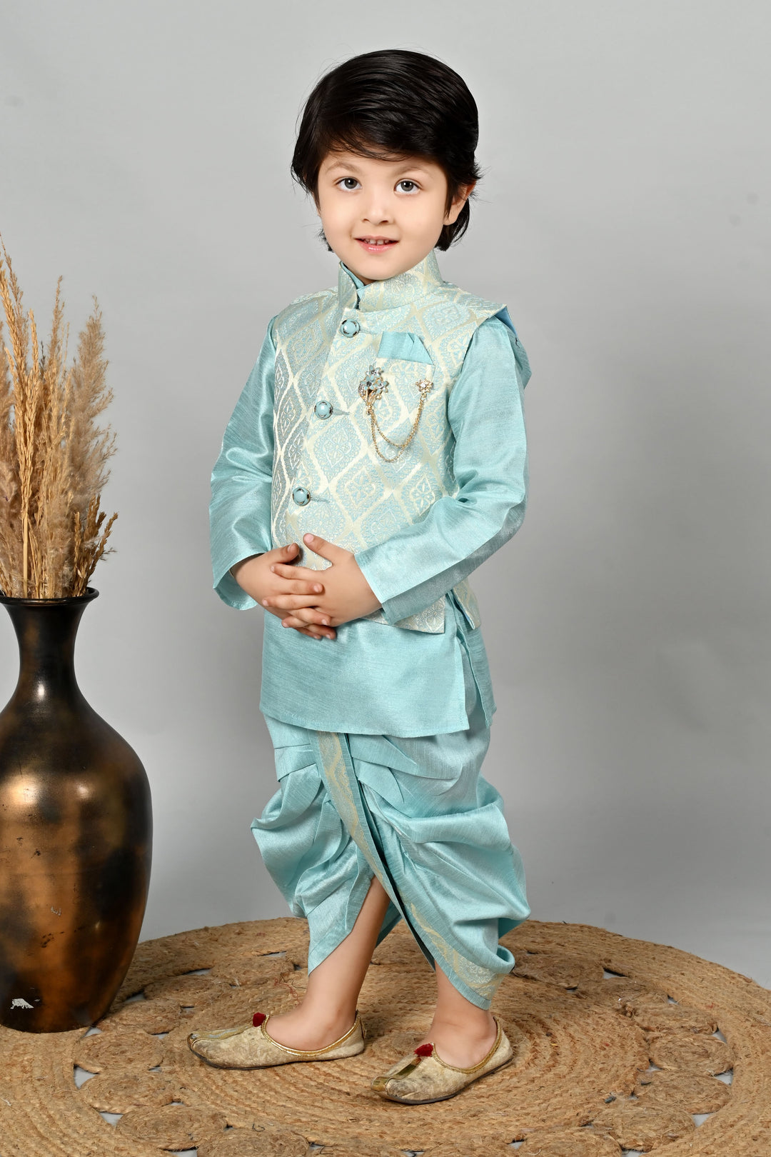 Boys Cotton Kurta & Dhoti Set with Jacquard Damask Waistcoat - Sky Blue | SHOBITAM