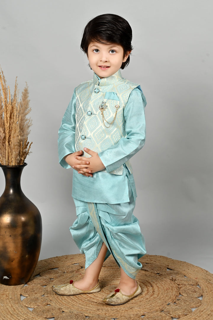 Boys Cotton Kurta & Dhoti Set with Jacquard Damask Waistcoat - Sky Blue | SHOBITAM