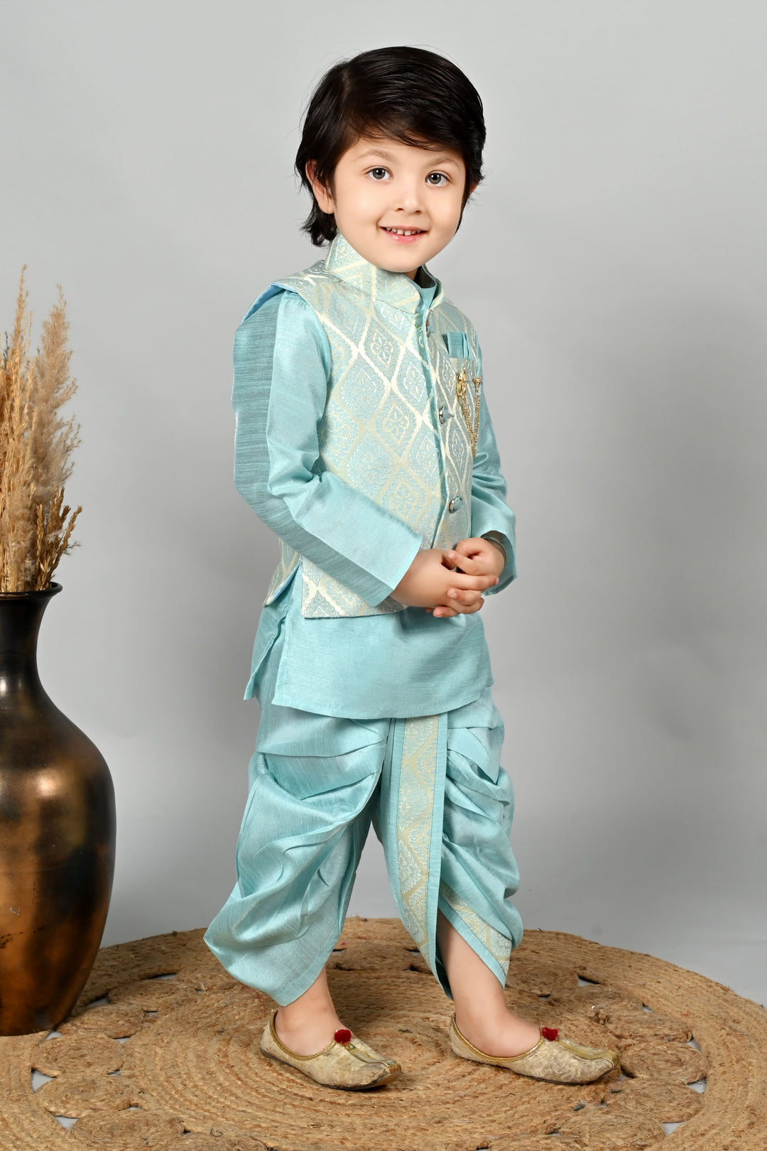 Boys Cotton Kurta & Dhoti Set with Jacquard Damask Waistcoat - Sky Blue | SHOBITAM