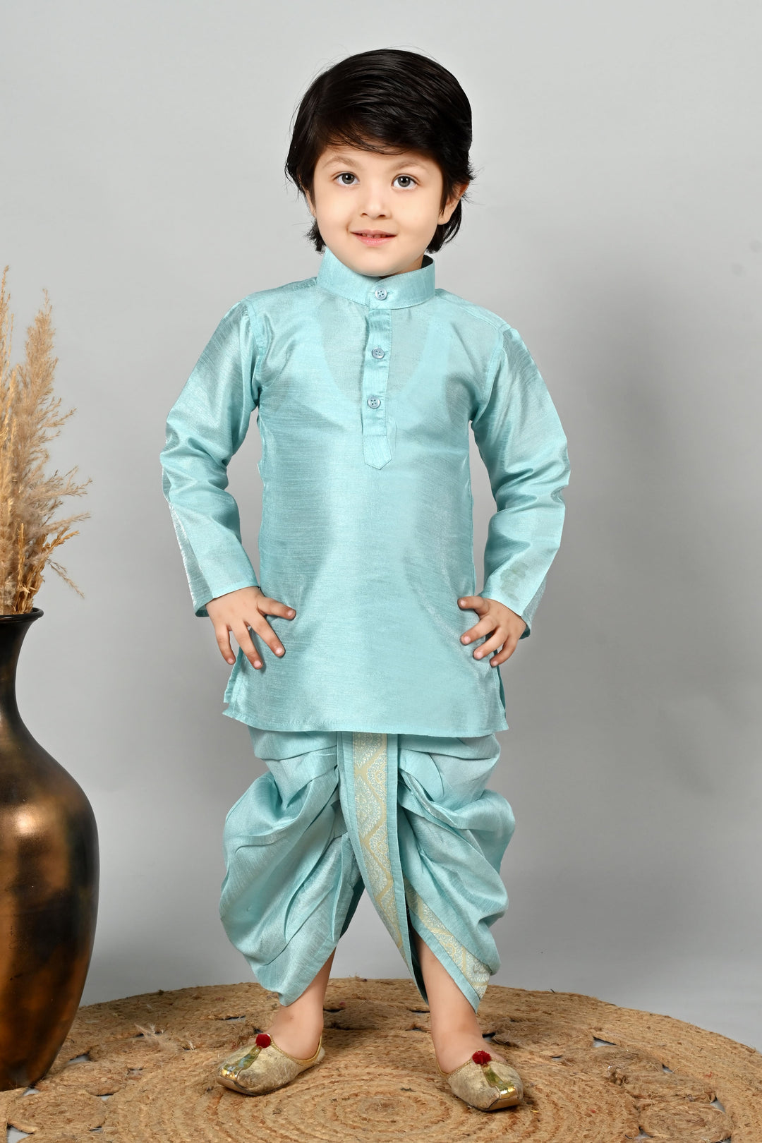 Boys Cotton Kurta & Dhoti Set with Jacquard Damask Waistcoat - Sky Blue | SHOBITAM