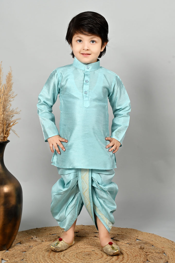 Boys Cotton Kurta & Dhoti Set with Jacquard Damask Waistcoat - Sky Blue | SHOBITAM