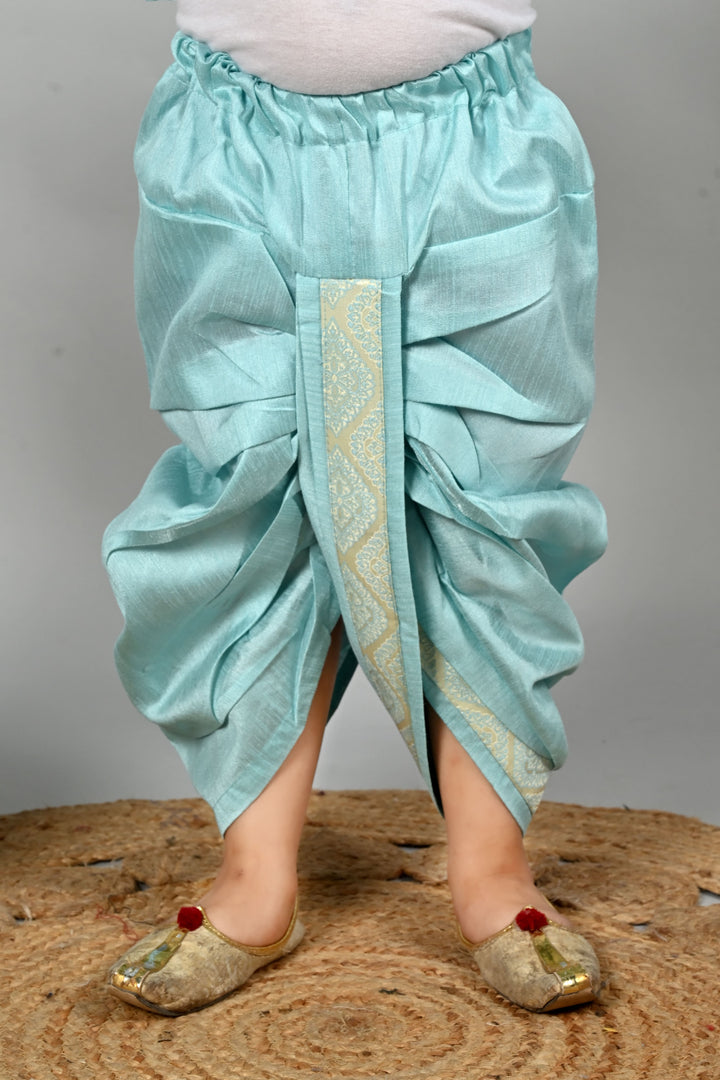 Boys Cotton Kurta & Dhoti Set with Jacquard Damask Waistcoat - Sky Blue | SHOBITAM