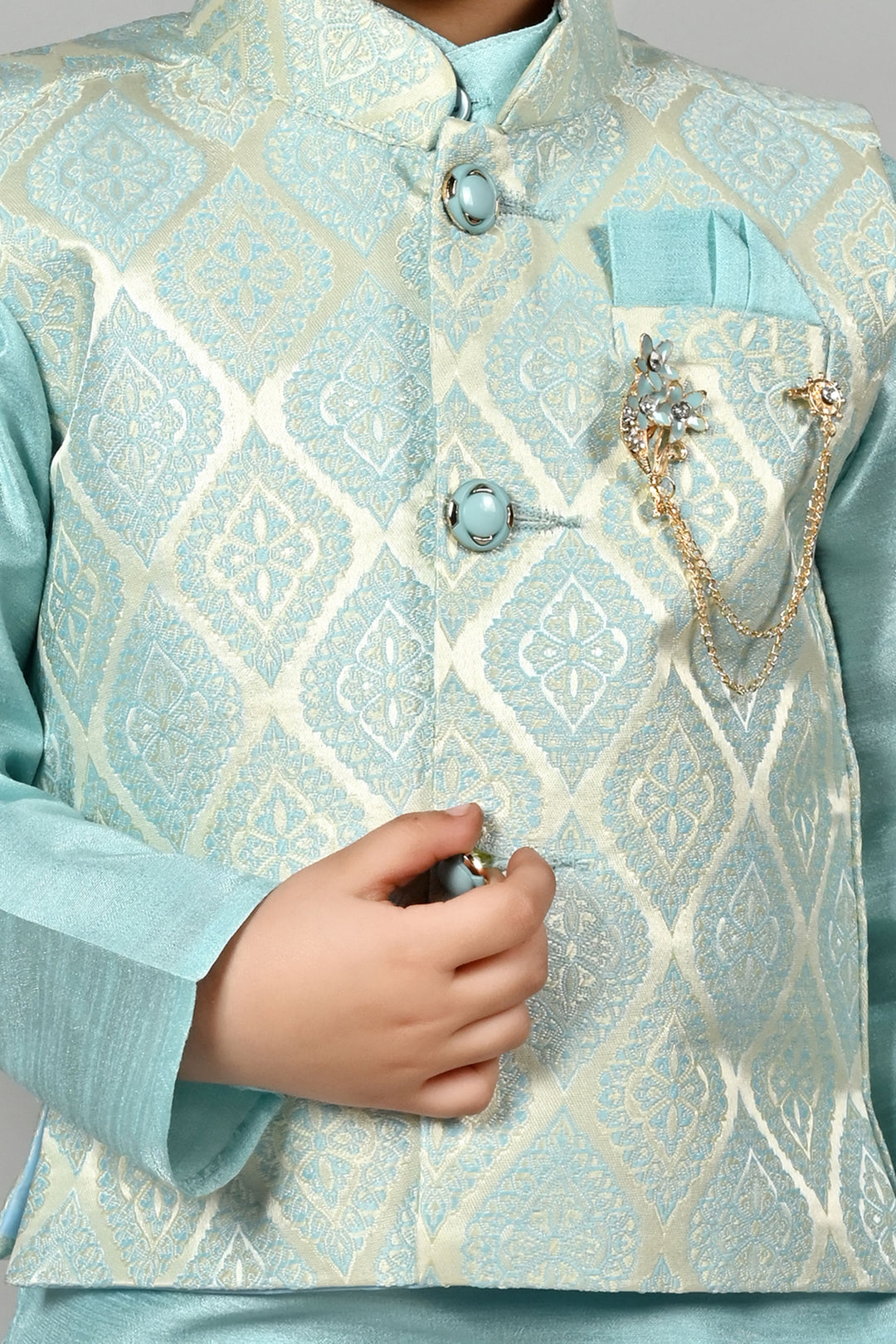 Boys Cotton Kurta & Dhoti Set with Jacquard Damask Waistcoat - Sky Blue | SHOBITAM