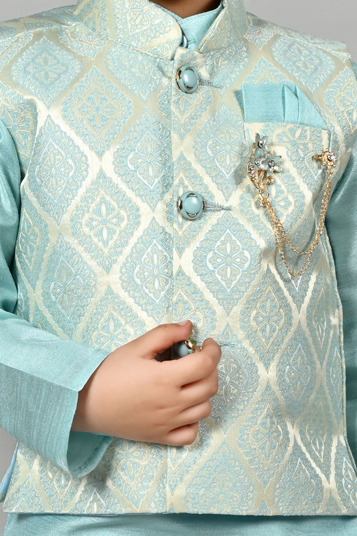 Boys Cotton Kurta & Dhoti Set with Jacquard Damask Waistcoat - Sky Blue | SHOBITAM