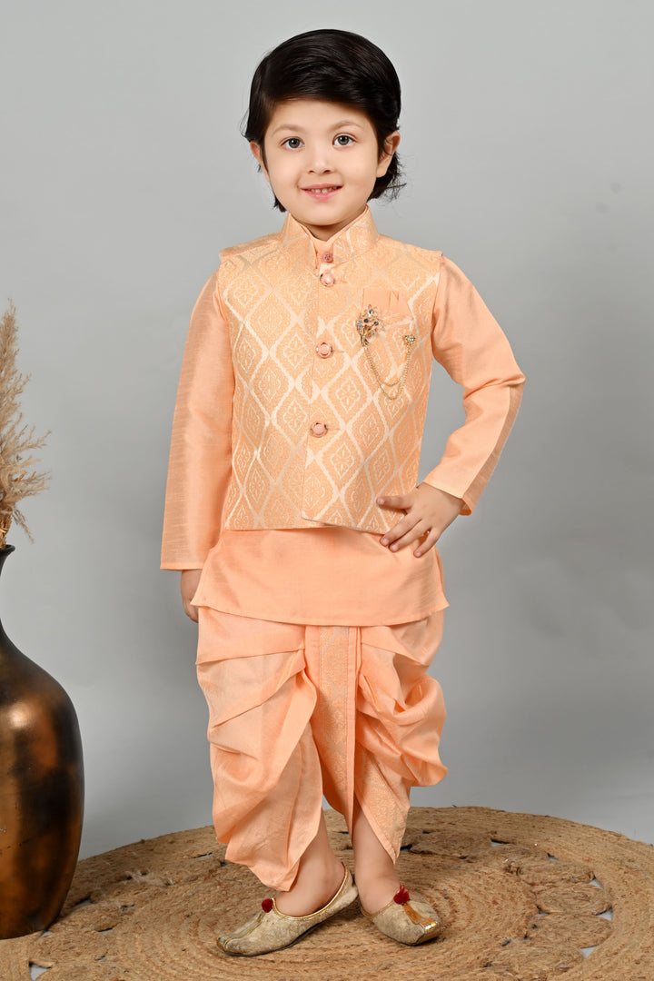 Boys Cotton Kurta & Dhoti Set with Jacquard Damask Waistcoat - Peach | SHOBITAM