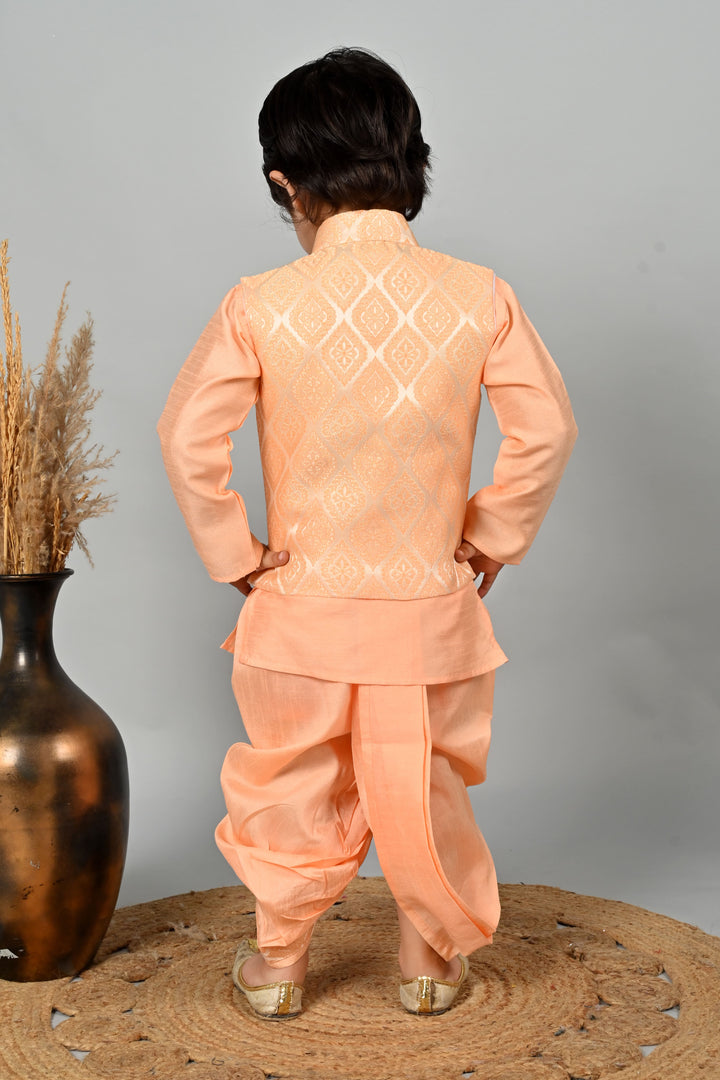 Boys Cotton Kurta & Dhoti Set with Jacquard Damask Waistcoat - Peach | SHOBITAM