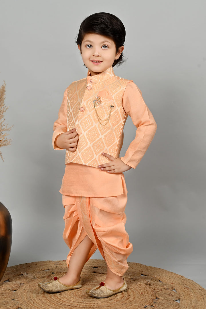 Boys Cotton Kurta & Dhoti Set with Jacquard Damask Waistcoat - Peach | SHOBITAM