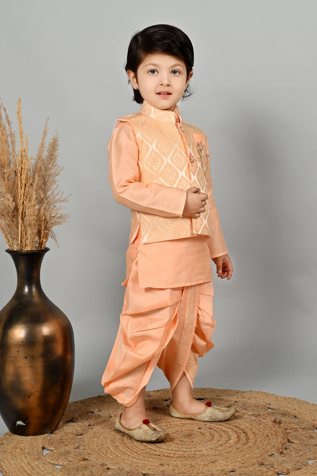Boys Cotton Kurta & Dhoti Set with Jacquard Damask Waistcoat - Peach | SHOBITAM
