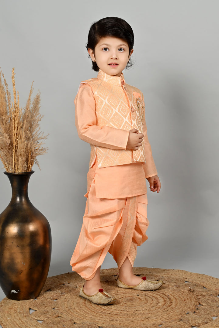 Boys Cotton Kurta & Dhoti Set with Jacquard Damask Waistcoat - Peach | SHOBITAM