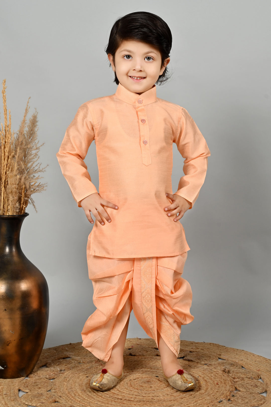 Boys Cotton Kurta & Dhoti Set with Jacquard Damask Waistcoat - Peach | SHOBITAM