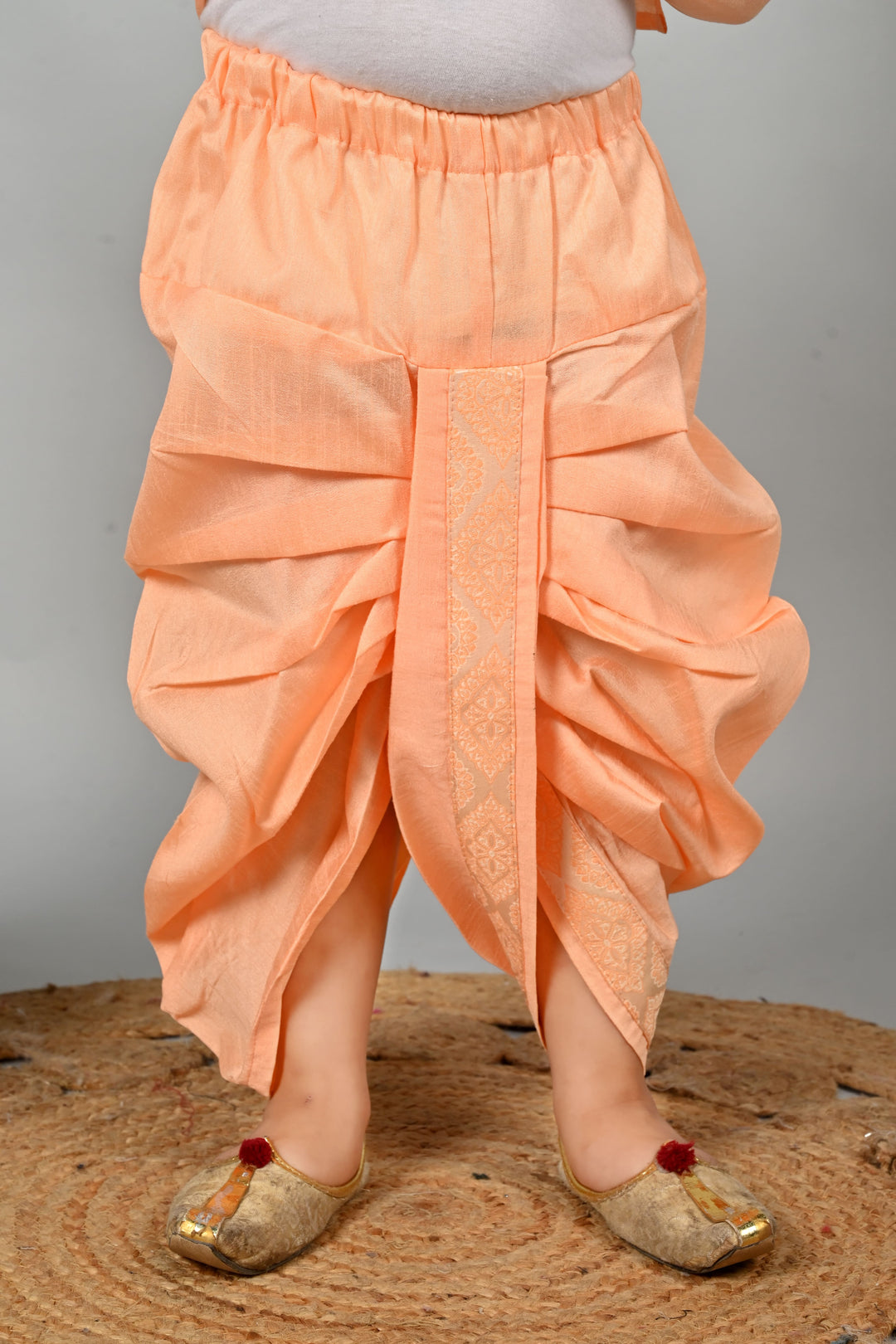 Boys Cotton Kurta & Dhoti Set with Jacquard Damask Waistcoat - Peach | SHOBITAM