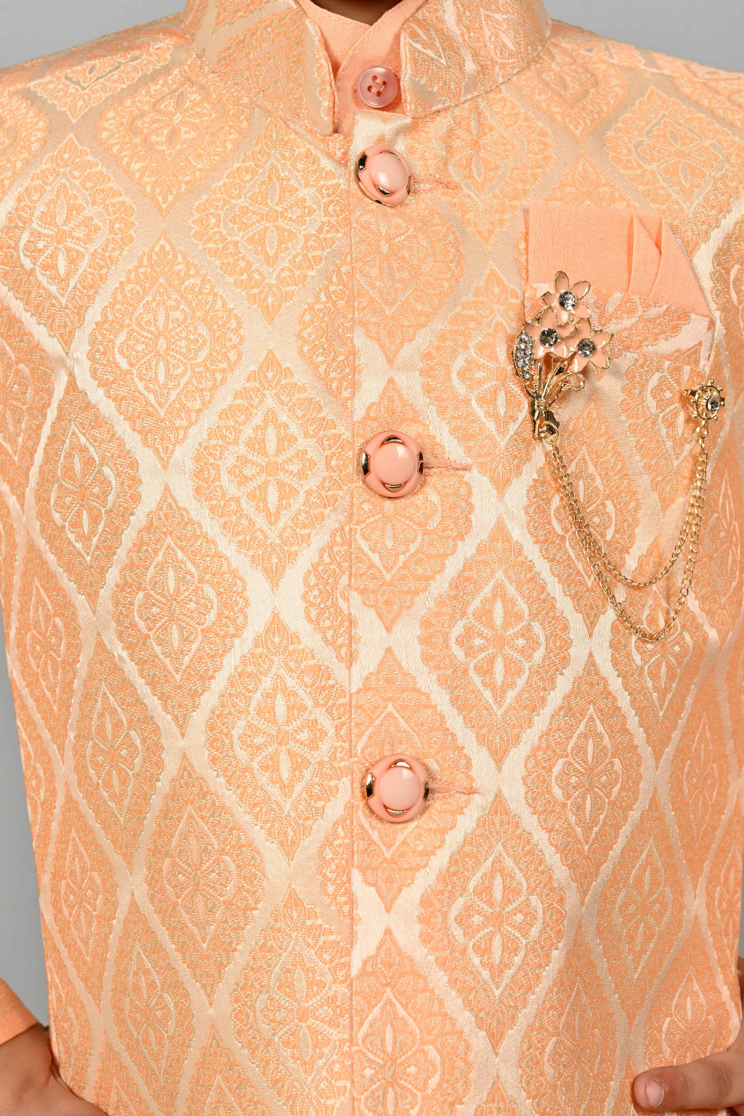 Boys Cotton Kurta & Dhoti Set with Jacquard Damask Waistcoat - Peach | SHOBITAM