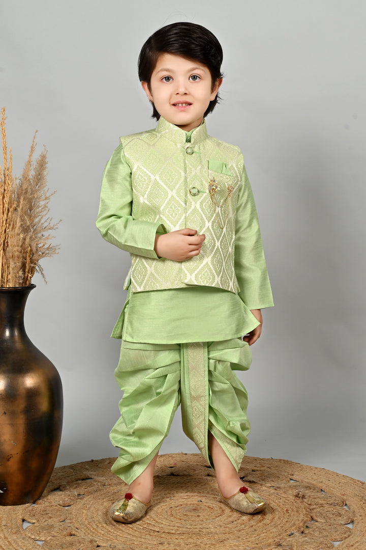 Boys Cotton Kurta & Dhoti Set with Jacquard Damask Waistcoat - Pista | SHOBITAM