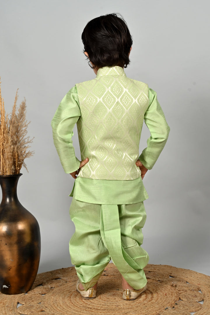 Boys Cotton Kurta & Dhoti Set with Jacquard Damask Waistcoat - Pista | SHOBITAM