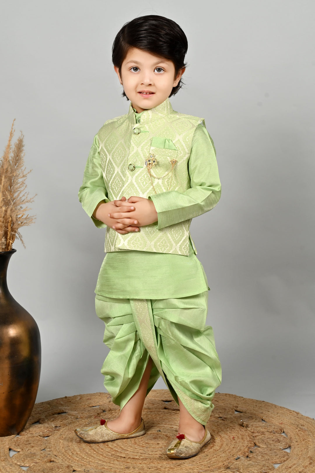 Boys Cotton Kurta & Dhoti Set with Jacquard Damask Waistcoat - Pista | SHOBITAM