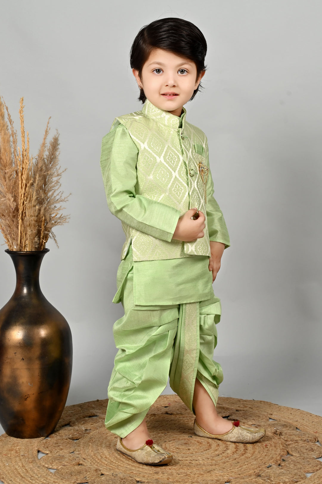 Boys Cotton Kurta & Dhoti Set with Jacquard Damask Waistcoat - Pista | SHOBITAM