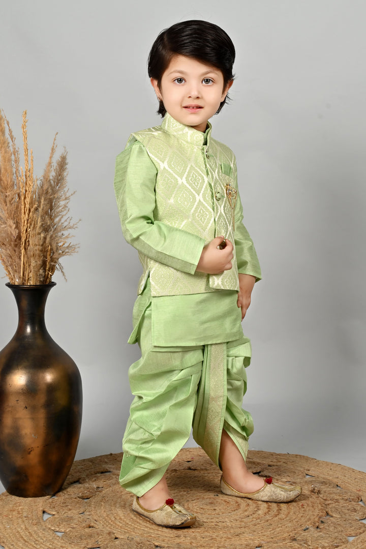 Boys Cotton Kurta & Dhoti Set with Jacquard Damask Waistcoat - Pista | SHOBITAM