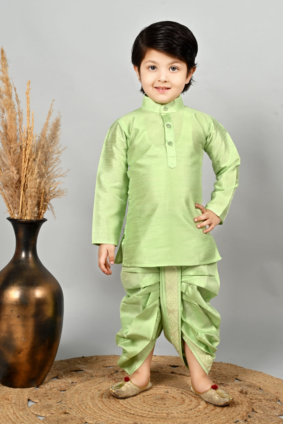 Boys Cotton Kurta & Dhoti Set with Jacquard Damask Waistcoat - Pista | SHOBITAM