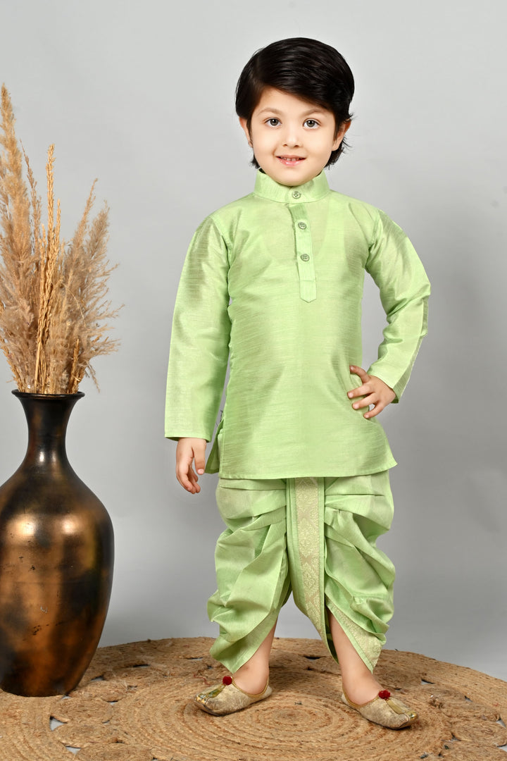 Boys Cotton Kurta & Dhoti Set with Jacquard Damask Waistcoat - Pista | SHOBITAM