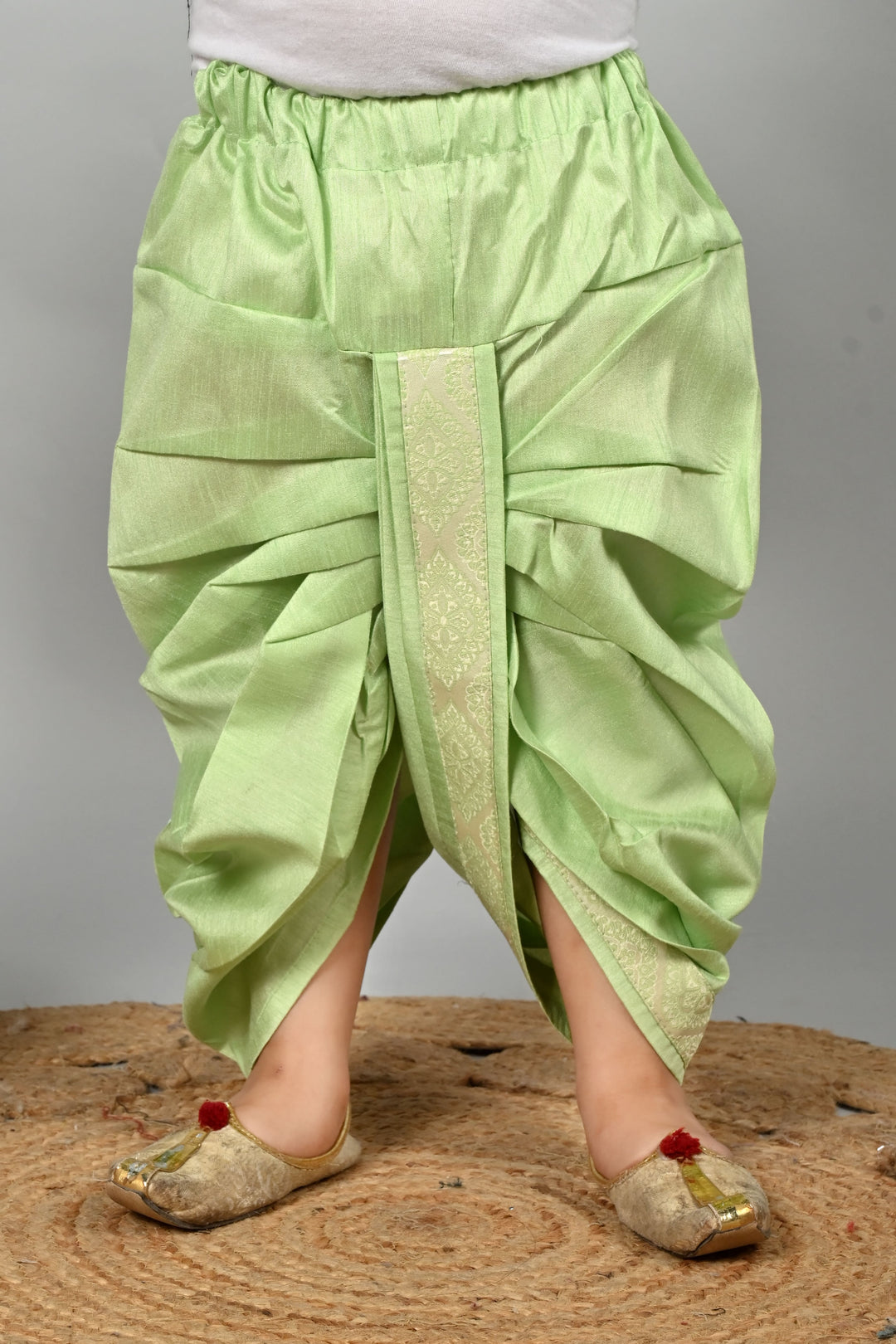 Boys Cotton Kurta & Dhoti Set with Jacquard Damask Waistcoat - Pista | SHOBITAM