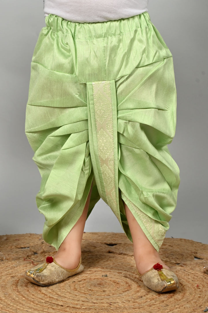 Boys Cotton Kurta & Dhoti Set with Jacquard Damask Waistcoat - Pista | SHOBITAM