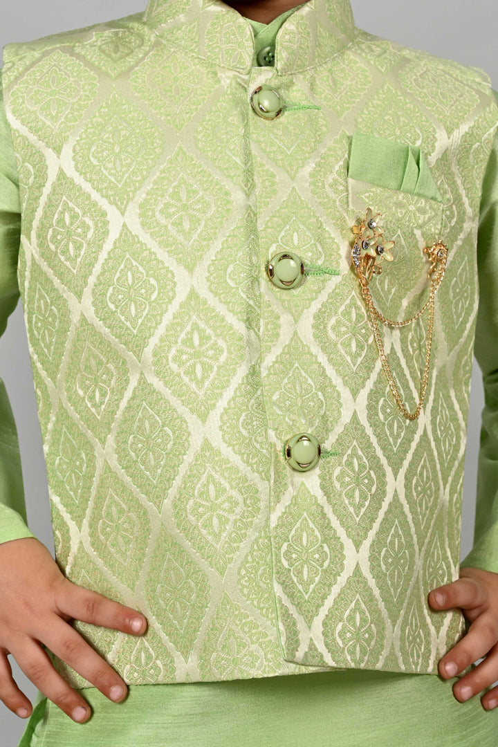 Boys Cotton Kurta & Dhoti Set with Jacquard Damask Waistcoat - Pista | SHOBITAM